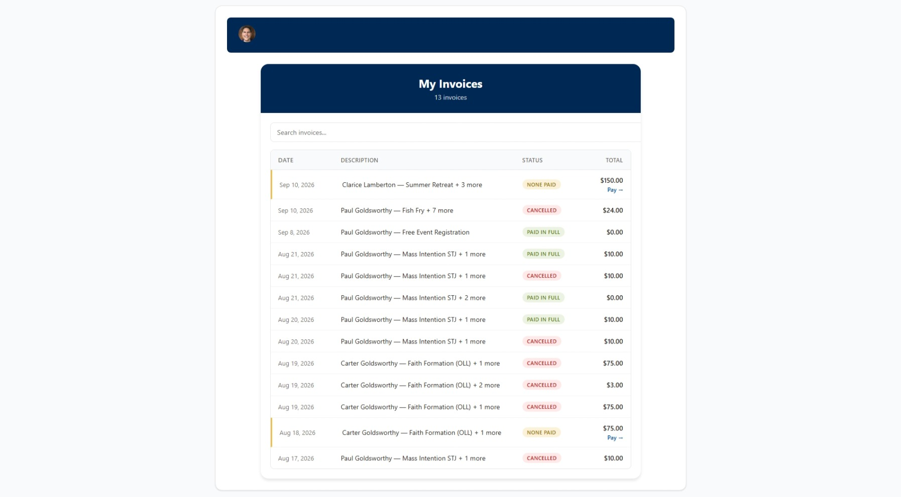 My Invoices preview
